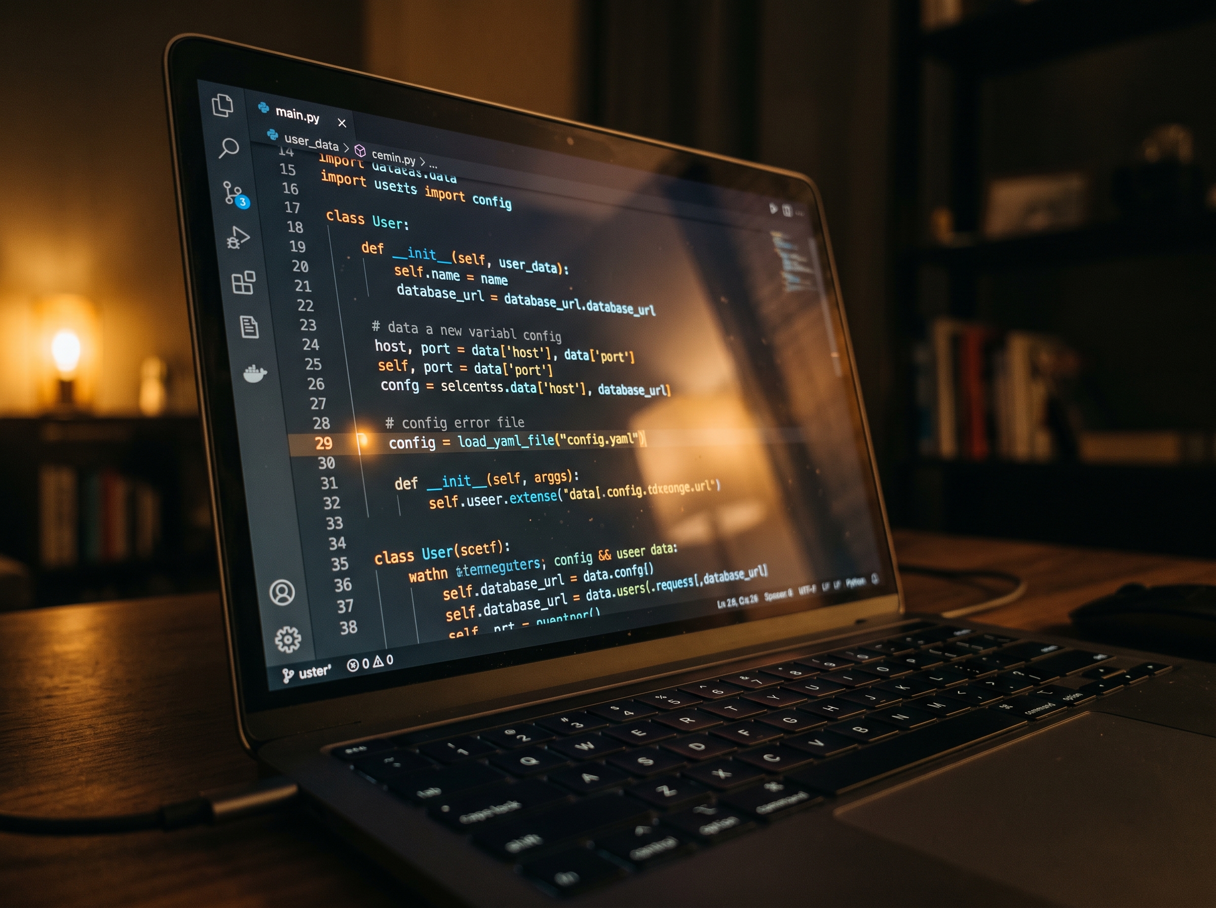 Coding on a laptop, warm evening light