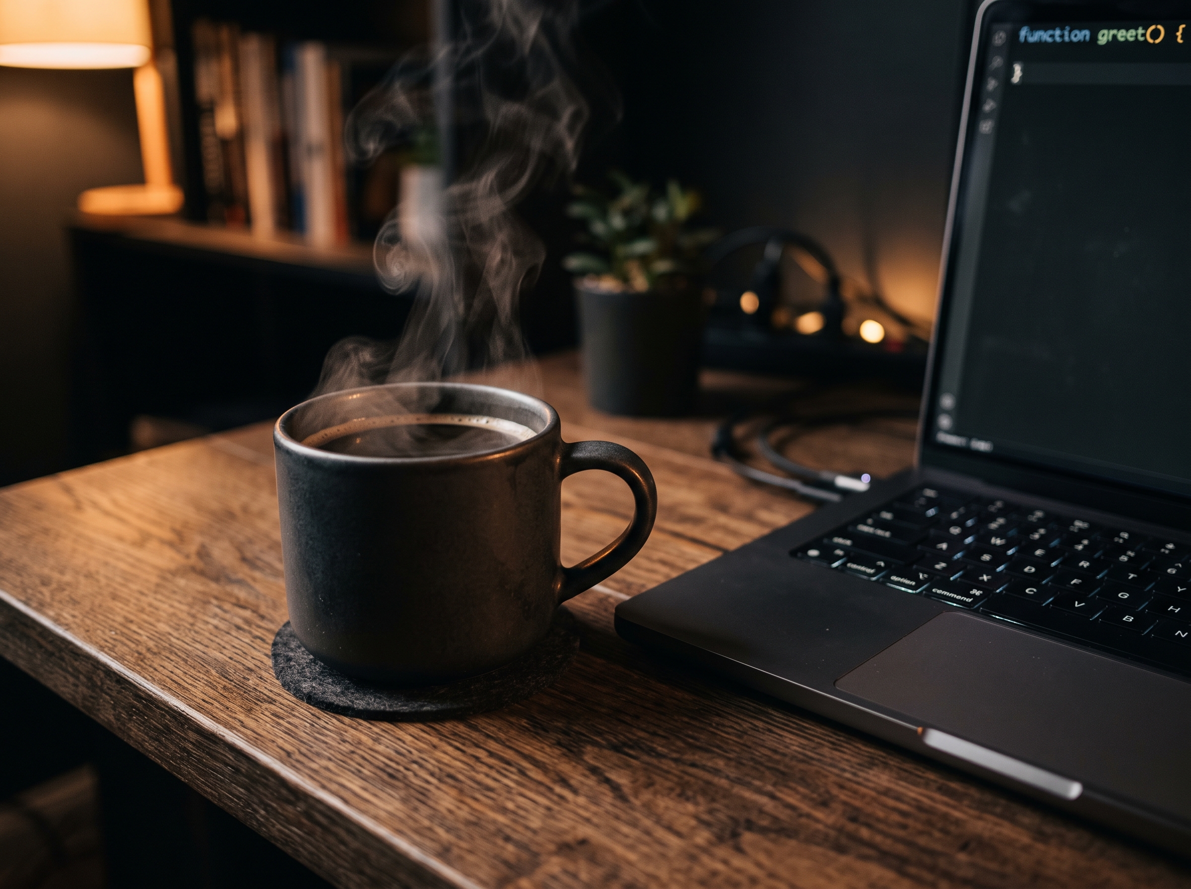 Coffee mug beside a laptop